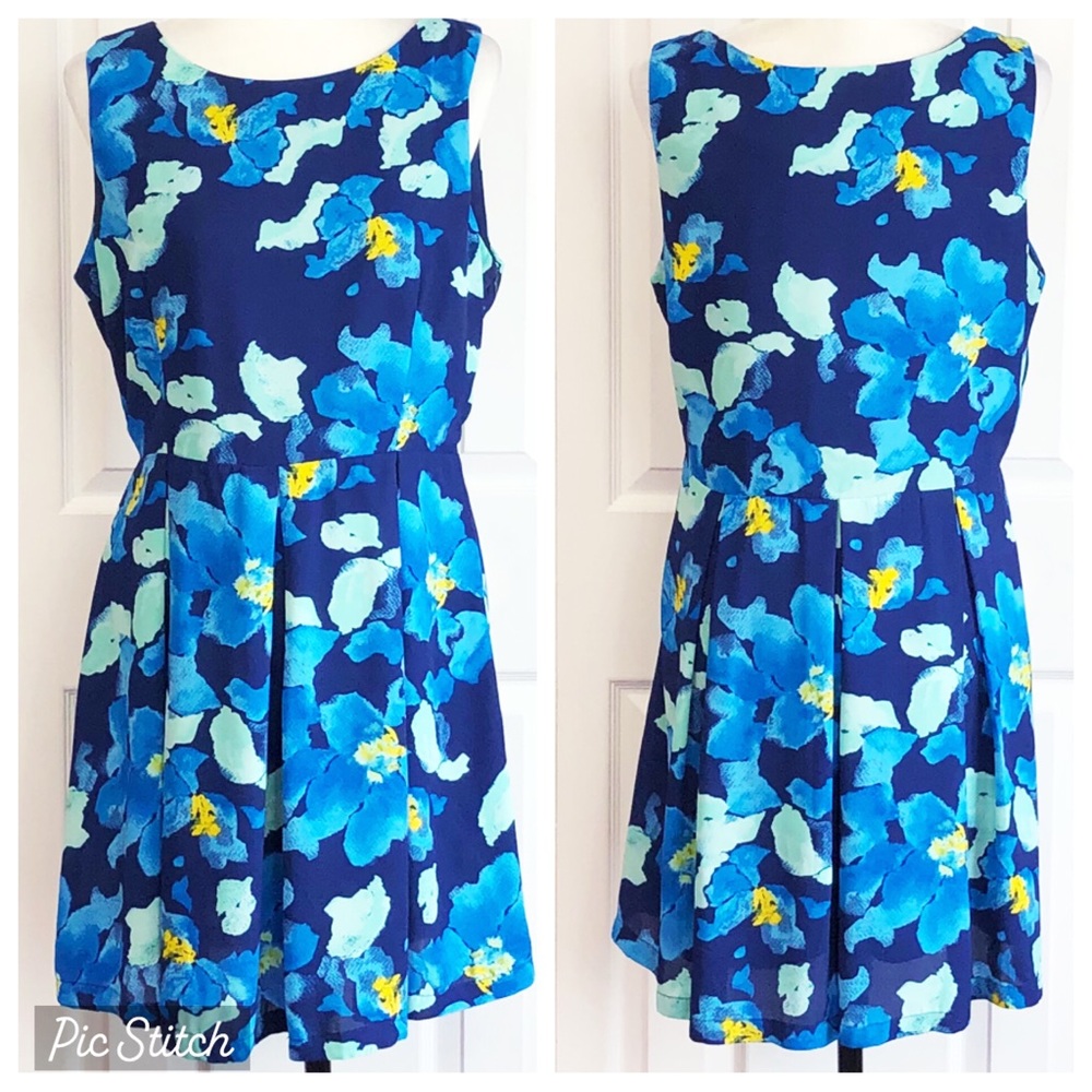 Charming Charlie Blue Floral Pleated Mini Fit & Flare Skater Dress Large
